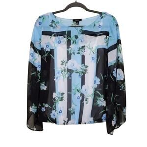 Alfani Printed Angel Sleeve Floral Top Womens Size PL Blue White Black Sheer Top